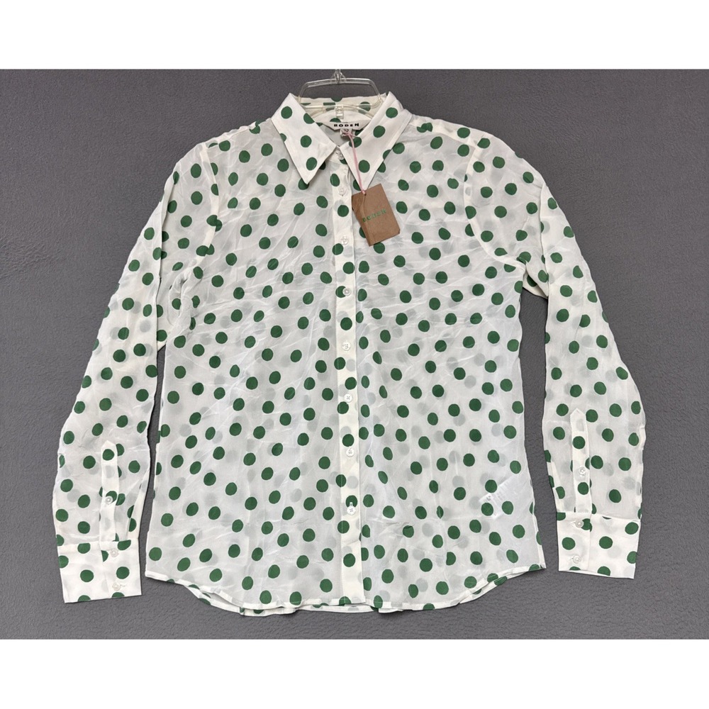 Boden Sienna 100% Silk Shirt Sz 4R Ivory Green Polka Dot Button Up Preppy Career